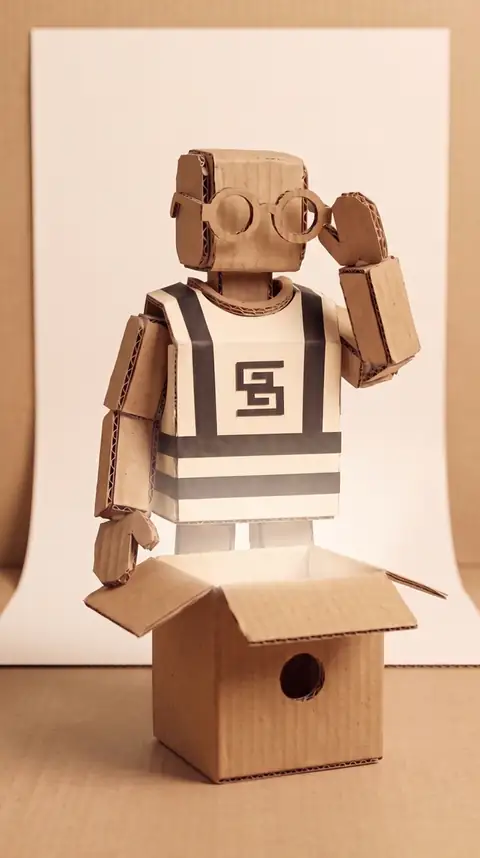 La mascotte di cartone apre la prima scatola e indossa occhiali di cartone.